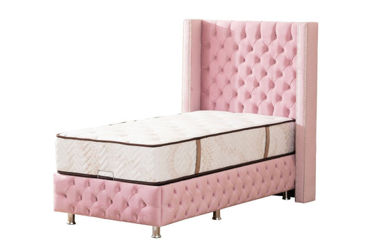 Lit Coffre Enfant CLOUTE Velours Rose