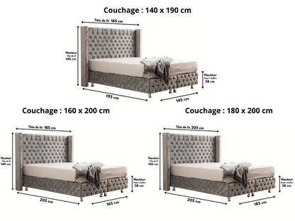 Lit Coffre CLOUTE Velours Gris